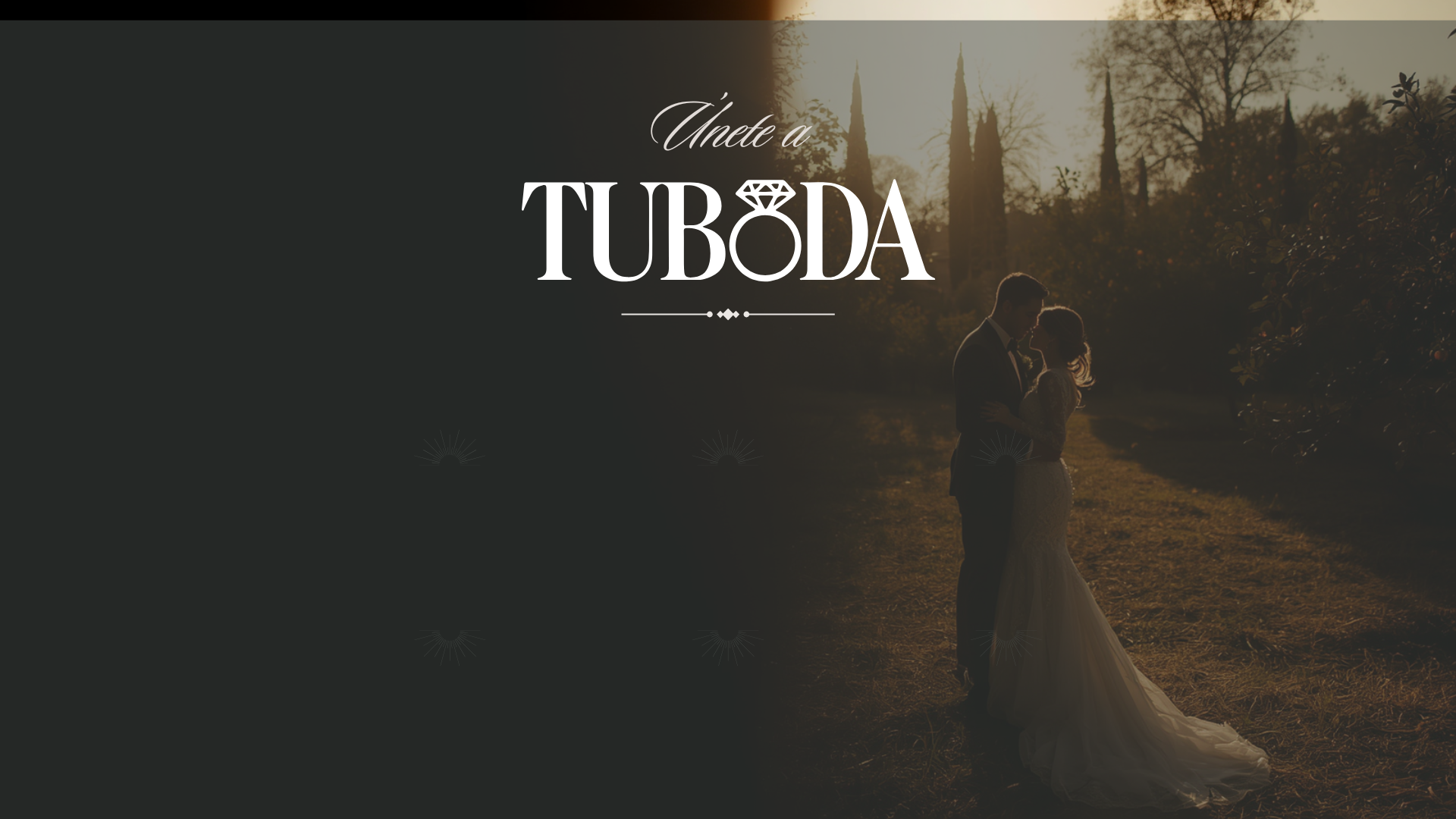 Únete a TUBODA · pareja al atardecer en una finca mediterránea