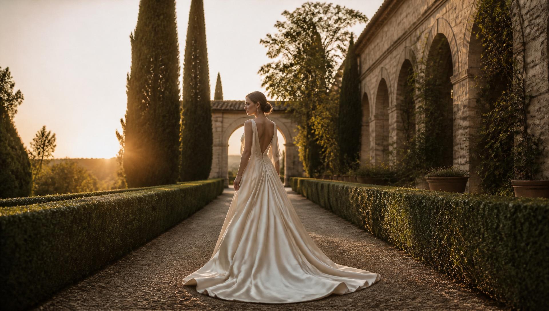 Novia en los jardines de una finca mediterránea al atardecer